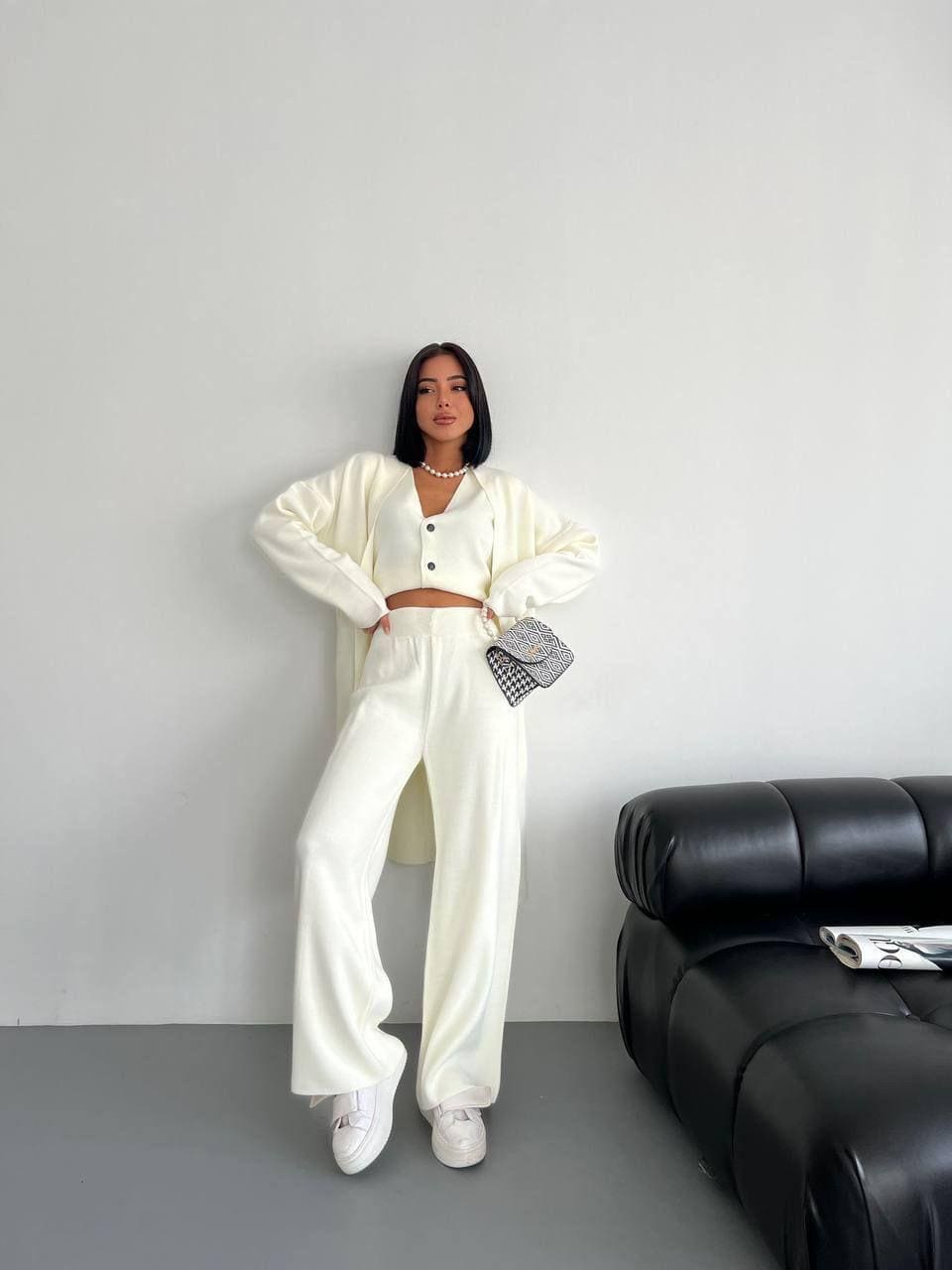 Ensemble 3 Pièces en Maille Fine - Gilet, Pantalon & Cardigan